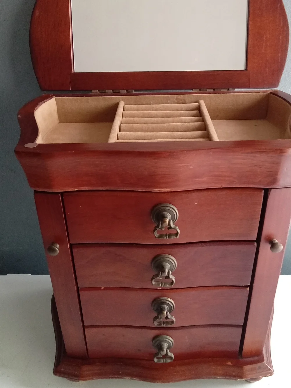 Kohls Wooden Jewelry Armoire Chest Cherry Finish 4 Drawers Side Doors Mirror